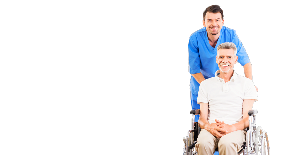 Caregiver and an elder man in a wheelchair smiling